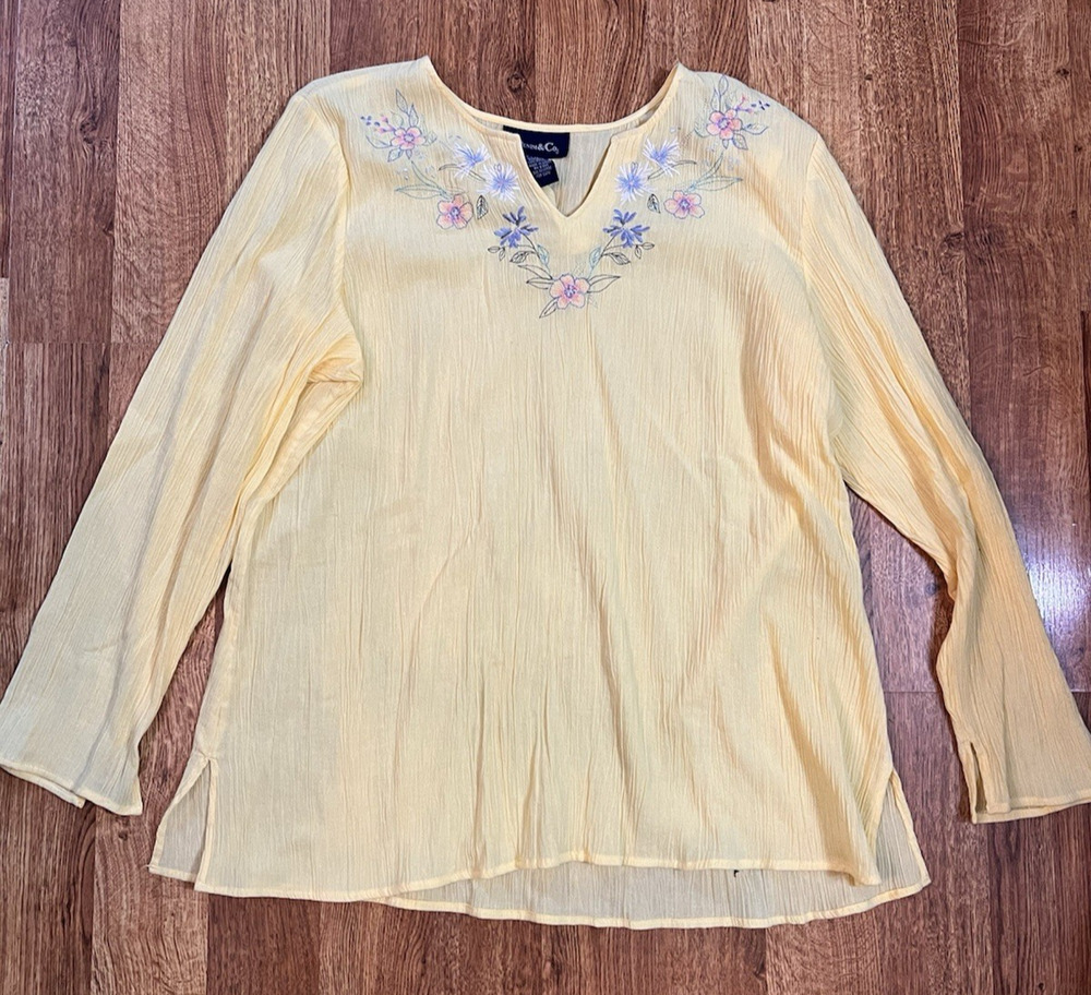 Denim & Co. Tunic Blouse XL Yellow Embroidered V-Neck Long Sleeve 100% Cotton